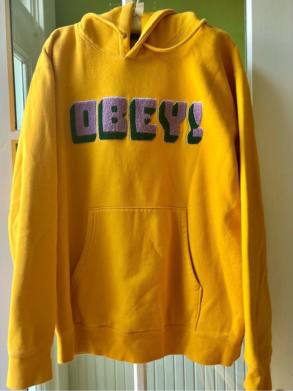 OBEY Bold Yellow Crewneck Hoodie with Purple Patch Logo